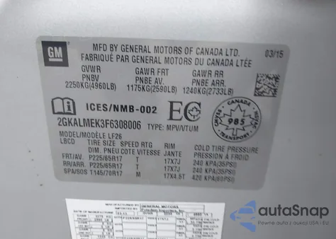 2015 GMC Terrain Sle-1 z USA, uszkodzony, nr VIN 2GKALMEK3F6308006